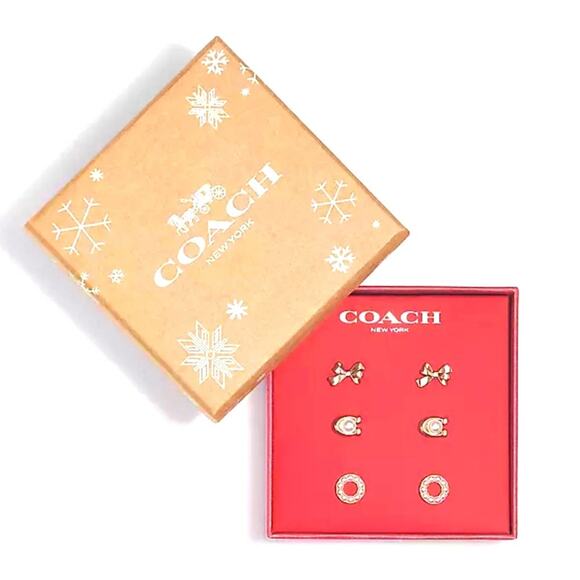 COACH SIGNATURE PEARL BOW 3 PAIRS EARRINGS SET IN ROSE GOLD TONE COACH GIFT BOX - Picture 1 of 2